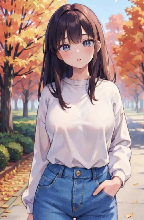 A girl in a high-neck sweater and jeans, standing in a park, surrounded by illustrations of trees and flowers. The girl has beautiful detailed eyes and lips, and her face is extremely detailed and expressive. She has long eyelashes and a serene expression, creating a peaceful atmosphere. The girl is the main focus of the artwork, capturing her elegant and confident posture as she enjoys the scenery. The park is bathed in soft and warm sunlight, creating a gentle and soothing atmosphere. The trees are filled with vibrant autumn colors, with leaves falling gracefully to the ground. The artwork is of the best quality, with ultra-detailed features and a realistic portrayal of the girl. The portraits of her exhibit vivid colors, emphasizing her unique personality. The illustrations of the trees and flowers showcase intricate details, adding depth and richness to the artwork. The color palette is dominated by warm autumn hues, creating a harmonious and cozy ambiance. The lighting in the park is soft and diffused, highlighting the girl's features and adding depth to the overall composition.
