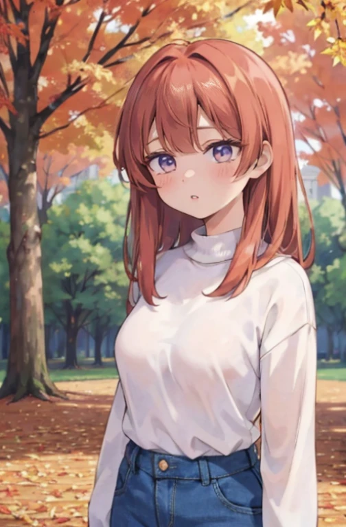 A girl in a high-neck sweater and jeans, standing in a park, surrounded by illustrations of trees and flowers. The girl has beautiful detailed eyes and lips, and her face is extremely detailed and expressive. She has long eyelashes and a serene expression, creating a peaceful atmosphere. The girl is the main focus of the artwork, capturing her elegant and confident posture as she enjoys the scenery. The park is bathed in soft and warm sunlight, creating a gentle and soothing atmosphere. The trees are filled with vibrant autumn colors, with leaves falling gracefully to the ground. The artwork is of the best quality, with ultra-detailed features and a realistic portrayal of the girl. The portraits of her exhibit vivid colors, emphasizing her unique personality. The illustrations of the trees and flowers showcase intricate details, adding depth and richness to the artwork. The color palette is dominated by warm autumn hues, creating a harmonious and cozy ambiance. The lighting in the park is soft and diffused, highlighting the girl's features and adding depth to the overall composition.