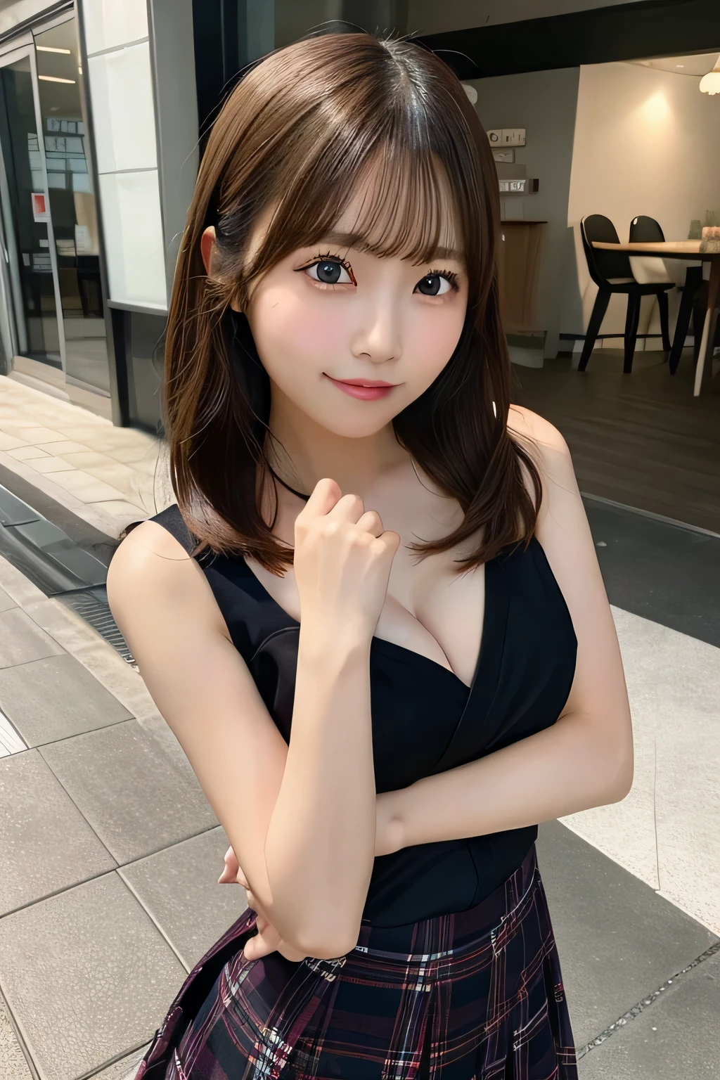 1girl in, Extremely cute face,masterpiece, top-quality, Ultra-fine、巨大なtits out, Brown hair、Near and far law ,超A high resolution ,(photographrealistic: 1.3) ,kawaii ,cleavage of the breast ,tits out:1.1 ,florals ,Detailed face ,bob cuts ,(((Asymmetry))) ,(((Cowboy Shot))),nogizaka、Beautiful black eyes:1.3、-yeld sclorals柄のビキニ、Japanese style architecture