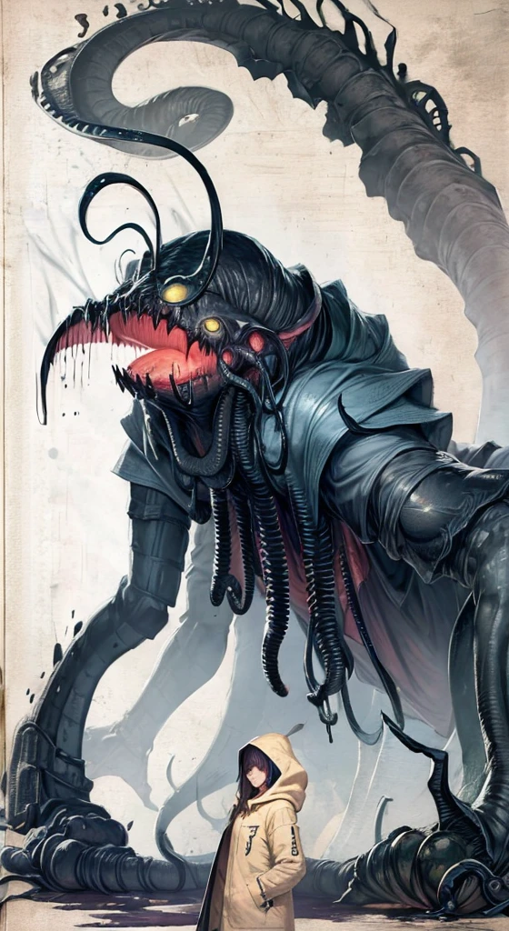 cthulhu mythos、cosmic horror、Hastur、girl with、Yellow raincoat(Wearing a hood)、long bangs、raised corners of mouth、8K,Ultra Detail,ultra-quality,ultra precision,ultimate masutepiece,