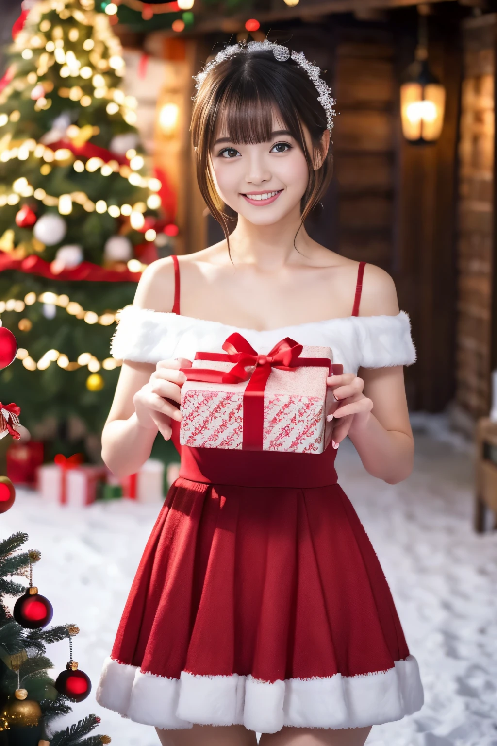 (girl in a beautiful red dress, holding a gift box decorated with ribbons、Standing in front of a beautifully decorated Christmas tree),Illustration,Christmas,Fun atmosphere,Twinkling lights,soft snowflakes fall,Best Quality,4K,Ultra-detailed,Vibrant colors,pine scent,Cozy,romantic,Cheerful,breathtaking scenery,Warmth,Happiness,Magical,Holiday spirit,Winter wonderland,pure love and kindness.、off shoulders、I have my short hair up、thighs thighs thighs thighs