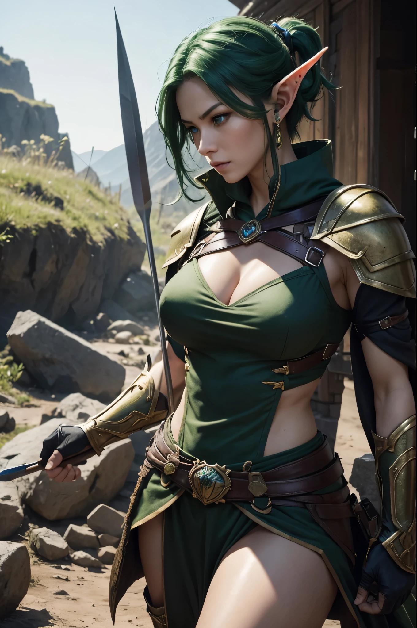 8K,Elven hunters,(masutepiece, Best Quality) Lelianada, mature woman in her 30s, Solo,Super beauty(Like the real thing) large full breasts リアルな肌,Looking at Viewer, Short hair, green mohawk hair, cleavage, Jewelry,  large full breasts,Upper body, whole body,arma,earrings,armor,Hair over one eye,Green eyes,long elf ears,shoulder armor,Realistic,arrow\(projectile\), Shoulder pads, arrow筒を背負う.超A high resolution,Masterpiece,A hyper-realistic,Fantasyart,curacter art,cinestill 800,alluring glance,A sexy,a closeup,combat scene,action scene,actionpose,Rugged look,Glaring at the viewer,A sexyな衣装,Slender and muscular body,Split abs,long thin muscular legs,
