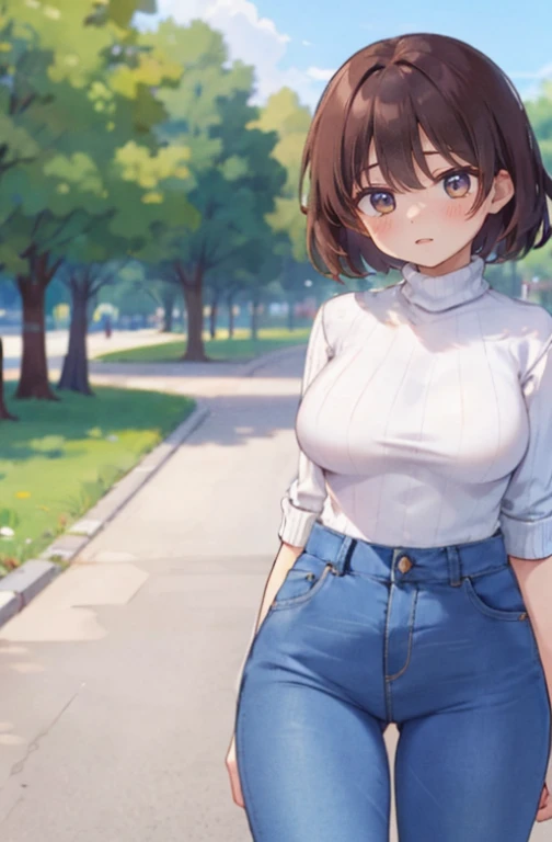 (work of art, best qualityer, hires, high resolution:1.2), (comely, Aesthetics, perfect, dainty, intricate:1.2), (Depth of field:1.2), (mature woman), (a sexy woman walking in a park), (Breasts huge), (one-piece fitted knit sweater), (long knit sweater), open brown jacket, (no pants, sem shorts), (thick-framed glasses), (Thu), (cowboy shot),