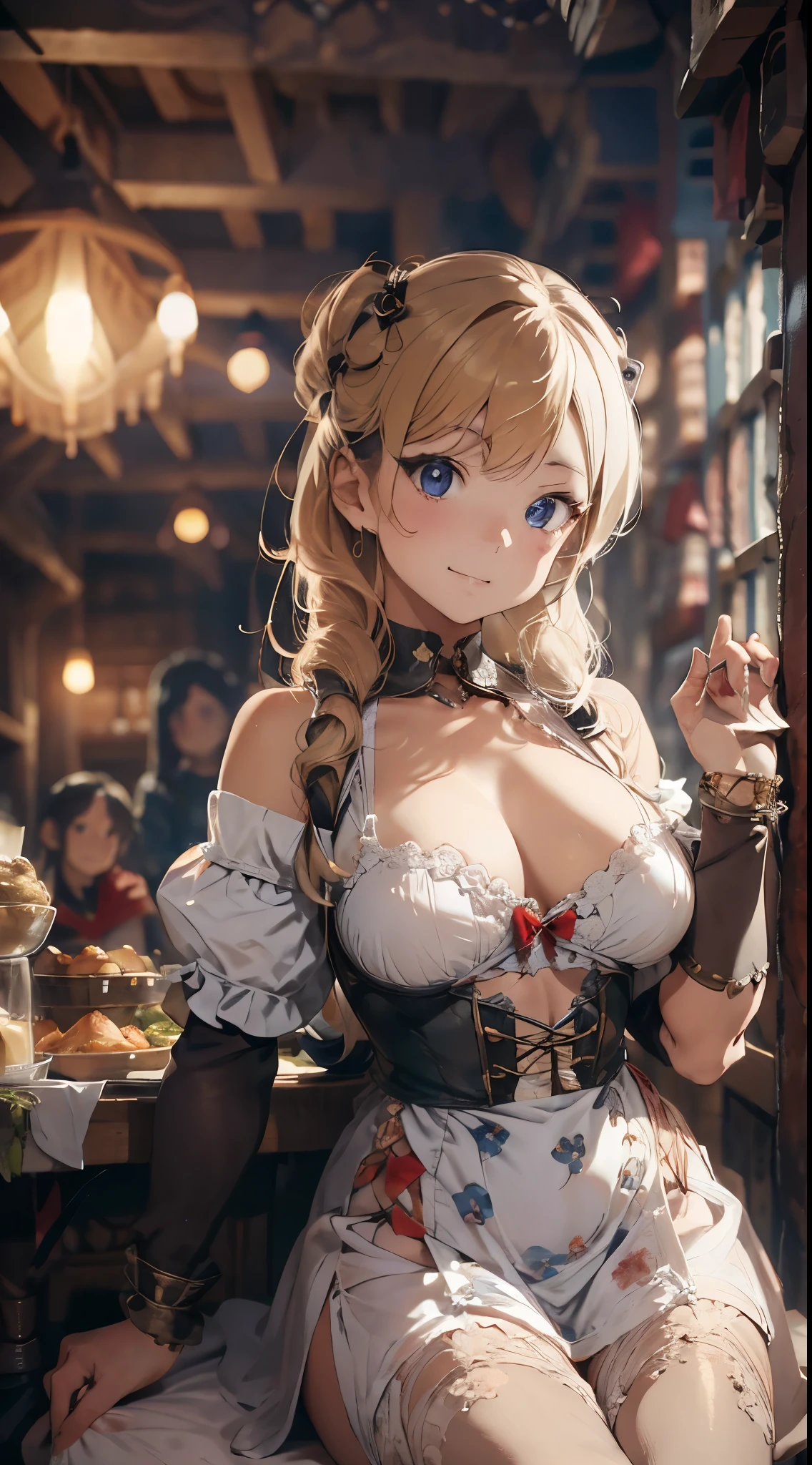 RPGroyality, (nsfw:1.2), Waitress working in a medieval tavern、off shoulder medieval clothing、Blonde girl、a smile