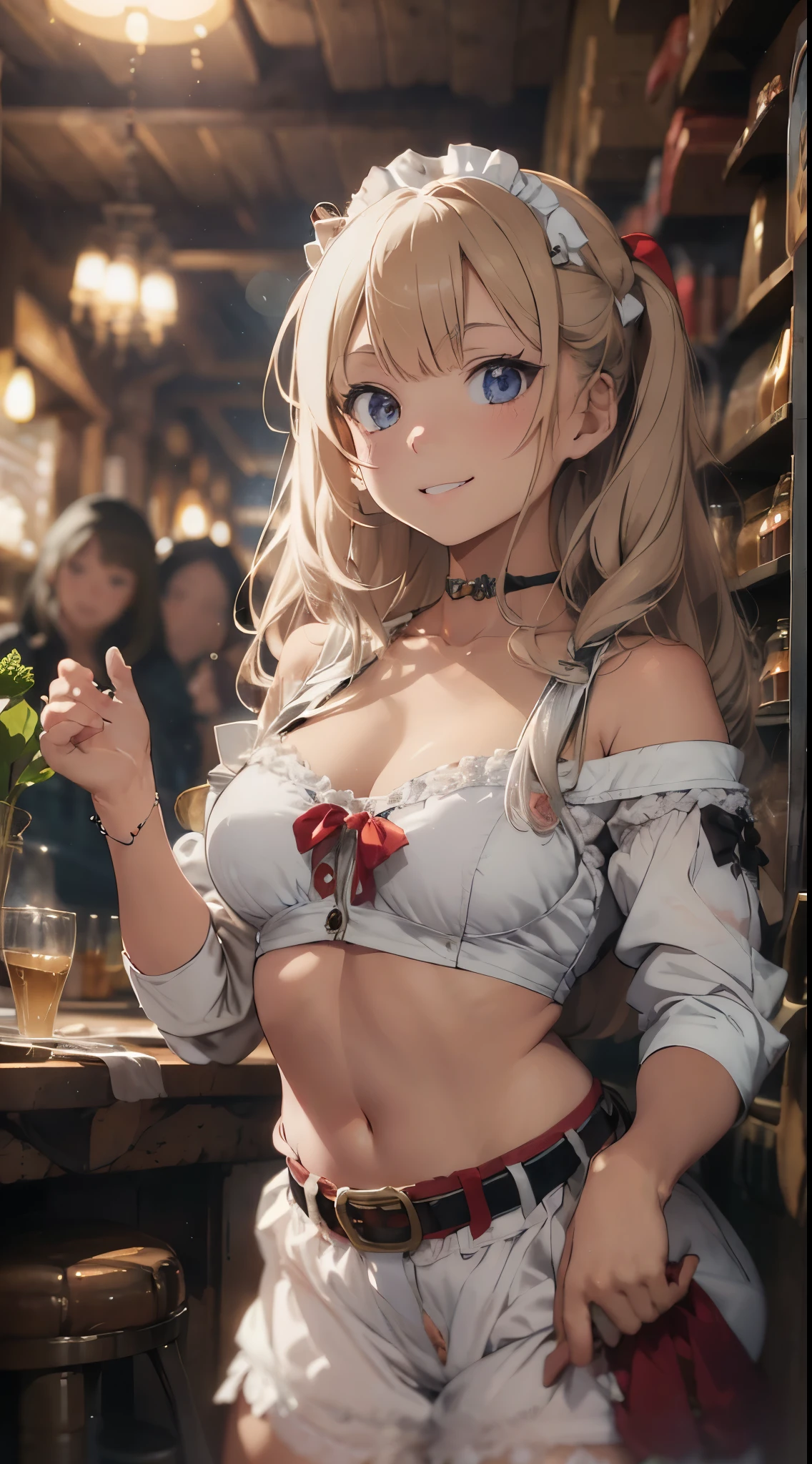 RPGroyality, (nsfw:1.2), Waitress working in a medieval tavern、off shoulder medieval clothing、Blonde girl、a smile