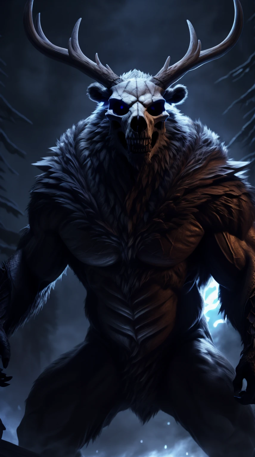 monster, fur on body, scales on belly, majestic fur mantle, wendigo skull, elk horns, giant, bear body, threatening, stands menacingly, wide body, illustration, (best quality, 4k, highres, masterpiece:1.2), ultra-detailed, realistic, horror, sharp focus, vivid colors, nighttime lighting,