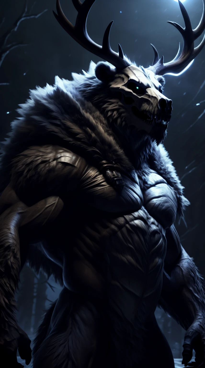 monster, fur on body, scales on belly, majestic fur mantle, wendigo skull, elk horns, giant, bear body, threatening, stands menacingly, wide body, illustration, (best quality, 4k, highres, masterpiece:1.2), ultra-detailed, realistic, horror, sharp focus, vivid colors, nighttime lighting,