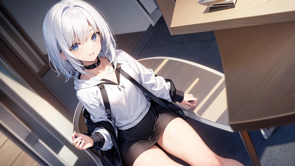 (masterpiece, best quality:1.5), (ultra detailed, high resolution, 8k, beautiful detailed, UHD, best anatomy), white pigtails hair, small breasts, 1 girl, short skirt, thin oversize shirt, crossed legs, from below, panties, sitting in a gaming chair, Slightly angry expression