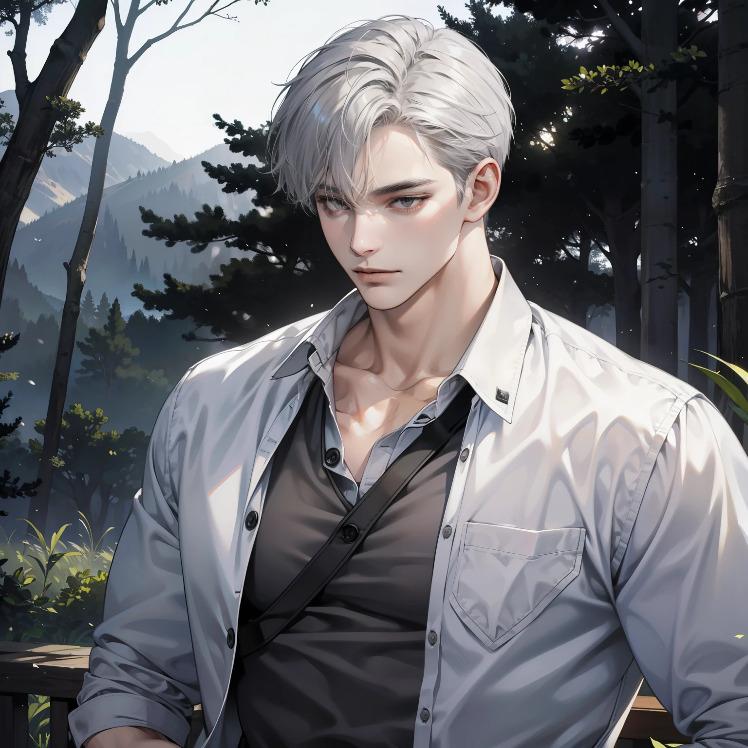 Masterpiece, high quality, best quality, HD, realistic, perfect lighting, detailed body, 1 man, white eyes, short hair, gray Hair, Gray white and black shirt , Forest background.