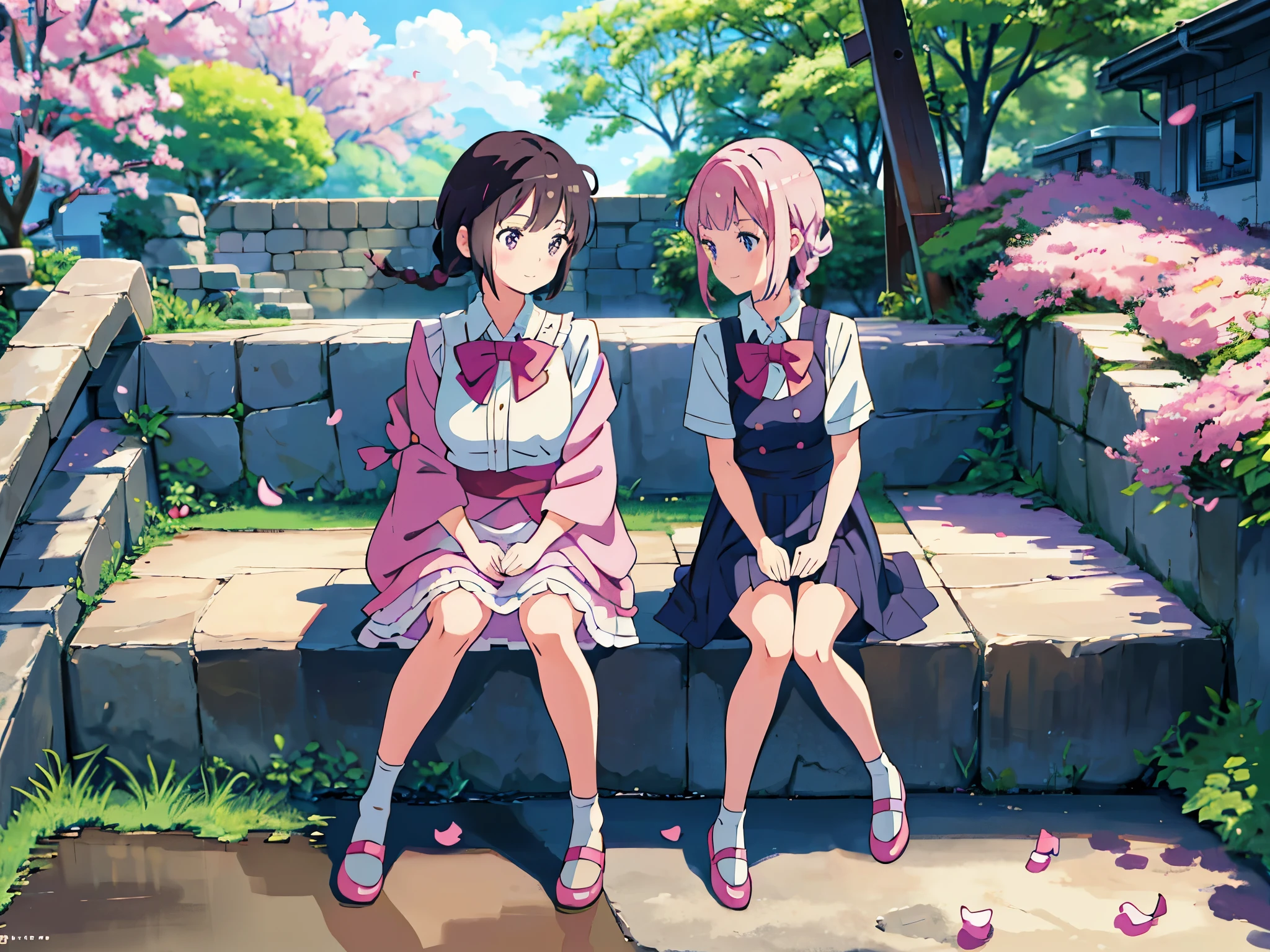 1个Giant Breast Girl,solo,SakuraNS树下,falling flower petals,Anime manga girl, pixiv, loli in dress, anime change, cute anime, cute anime girl, Curvy little loli, Anime visuals of a cute girl, cute anime, Anime cute art style, cute anime style,extremely detremely detailed CG,8k wallpaper,straightforward girl,12year old,Thin eyebrows,ssmile,Pink hair,Tie twisted braids behind ears,Short hair details,Qi bangs,ssmile,sitting on stone steps,SakuraNS,Mary Jane shoes,whitestocking