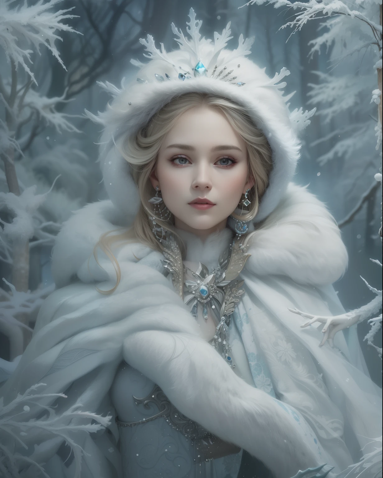 Arafed image of a woman in a white dress and fur coat, winter princess, queen of winter, The Goddess of Winter, beautiful fantasy art portrait, fantasy art portrait, fantasy portrait art, beautiful fantasy portrait, karol bak uhd, beautiful fantasy art, fantasy portrait, the  queen, elegant cinematic fantasy art,  queen, beautiful digital artwork