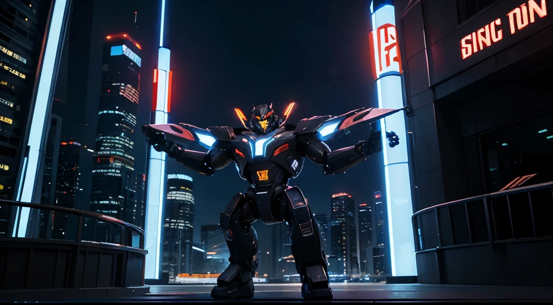 Digital art, ((Ultra HD resolution)), futuristic architecture, ((Most beautiful artwork in the world)), ((Render)), Art station: Tron-style Transformers robot in a neon-lit cityscape, engaged in an intense battle with laser weapons while digital billboards flash in the background.