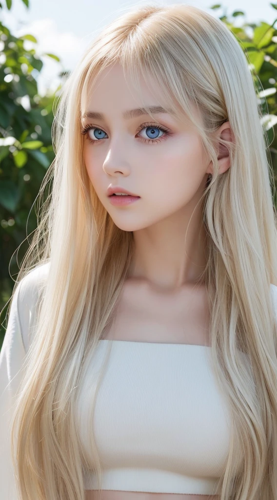 Beautiful 16 year old girl nature photo, wear a loose-fitting crop top, Super long blonde hair, disheveled bangs above the eyes,、Fluffy, Realistic platinum blonde hair that shines in gold、Super long hair as beautiful as silk、bright expression、Large bust, fix your gaze on the camera, large pale light blue eyes、very big eyes、eye shadow, symmetrical eye, Small face beauty、symmetry face, Photorealism, Photography, Pfadverfolgung, Mirror lighting, Volumetrisches Gesichtslicht, Hair traced in the past, Visible shadows, Convoluted, Expensive, Blank background、Gloss Face、Teak Gloss、White, young, shiny skin、cheek highlights、very beautiful cute face、