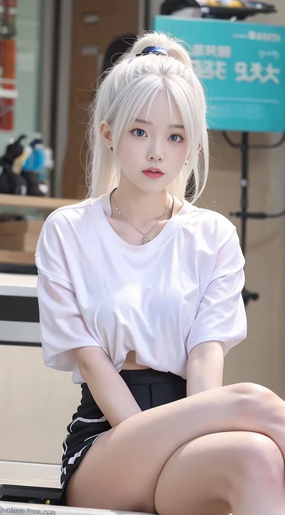 photorealistic, high resolution, 1 girl, sitting, white hair, korean, blue eyes, white shirt, skimpy tight black shorts, thick thighs