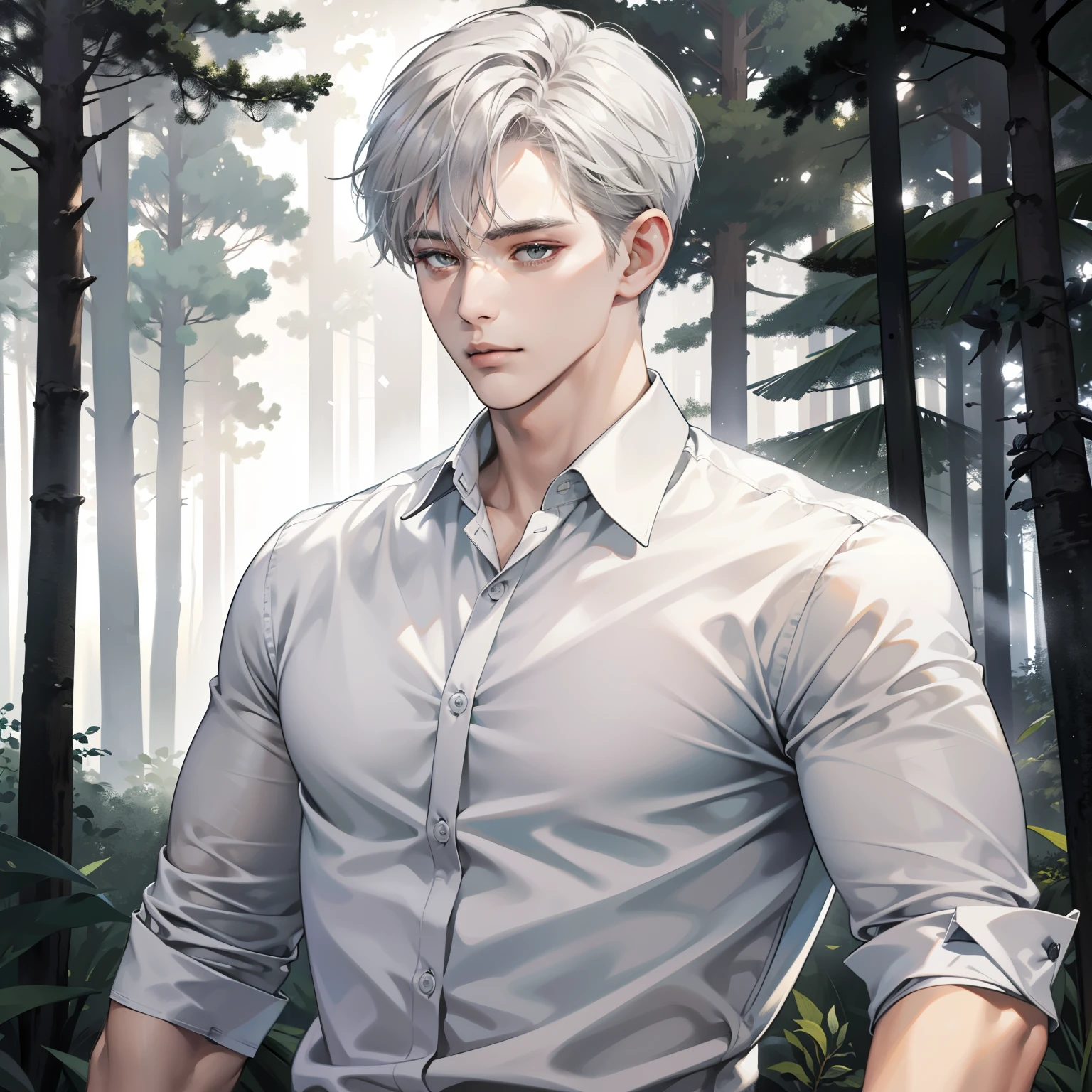 Masterpiece, high quality, best quality, HD, realistic, perfect lighting, detailed body, 1 man, white eyes, short hair, gray Hair, Gray white and black shirt , Forest background.