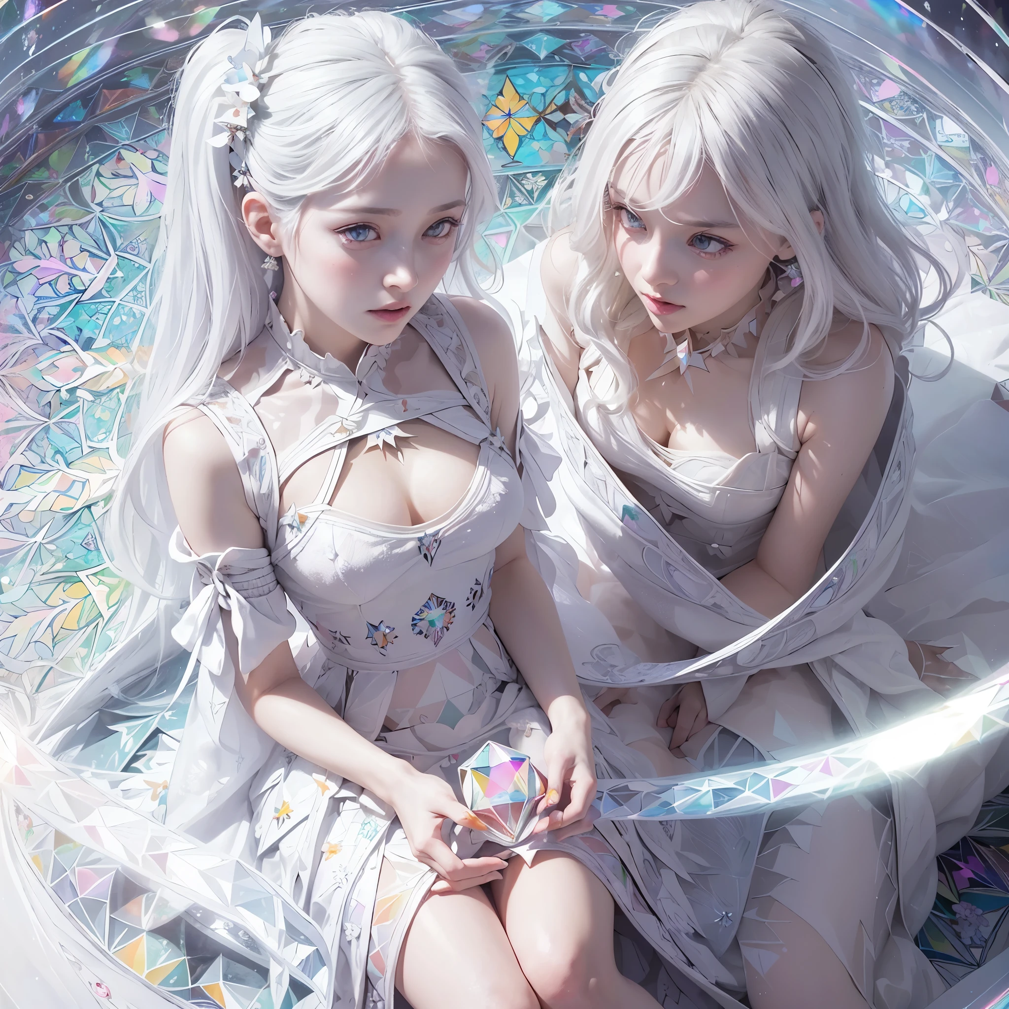 Fibonacci, Digital art, official art, beautiful and aesthetic, ultra detailed, beautiful, masterpiece, best quality, (1 girl is sitting:1.3),
(kaleidoscope pattern white dress:1.3),
(inside white kaleidoscope:1.55),
(strong prism light reflected on kaleidoscope:1.3), (Focus skirt),