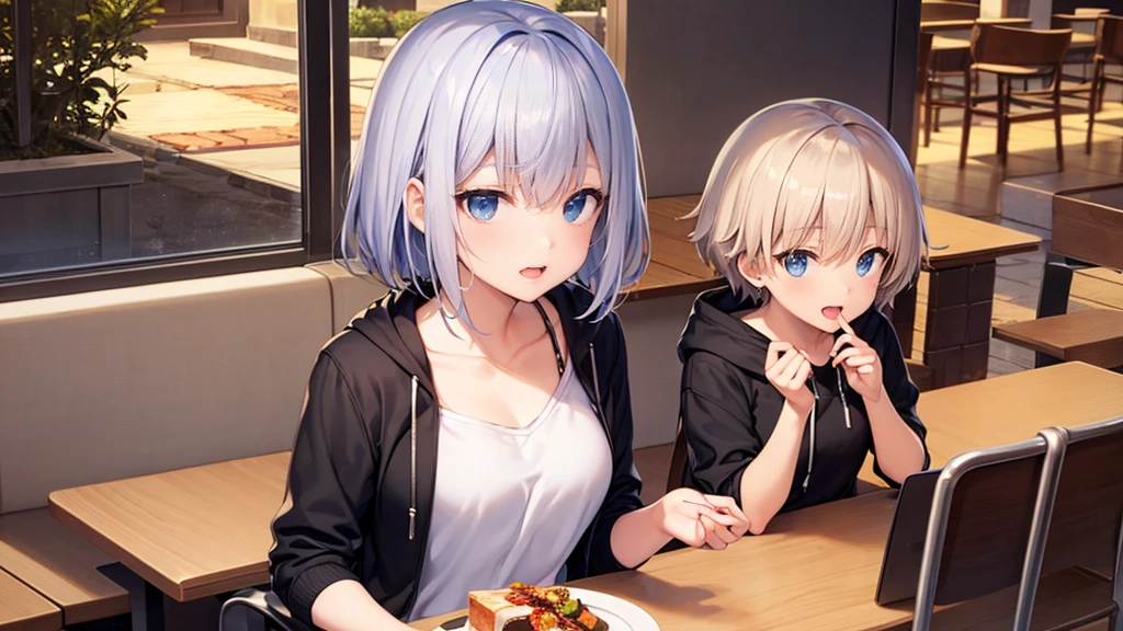 Ultra-high image quality,Look at viewers, hands behind back, girl with, 20 years old, Very short hair, long bangs between eyes, blue eyess,Black eyes, Hoodie, Skirt , Extremely detailed,(masterpiece、top-quality),White hair、A smile、Fantastical, Silver hair,, Hoodie, White hoodie,a black skirt,Hair is short,White jacket, Casual style,Open jacket, , look down from above、open open mouth、5 fingers、sit a chair、Dining at the café、eating cakes、collarbone visible