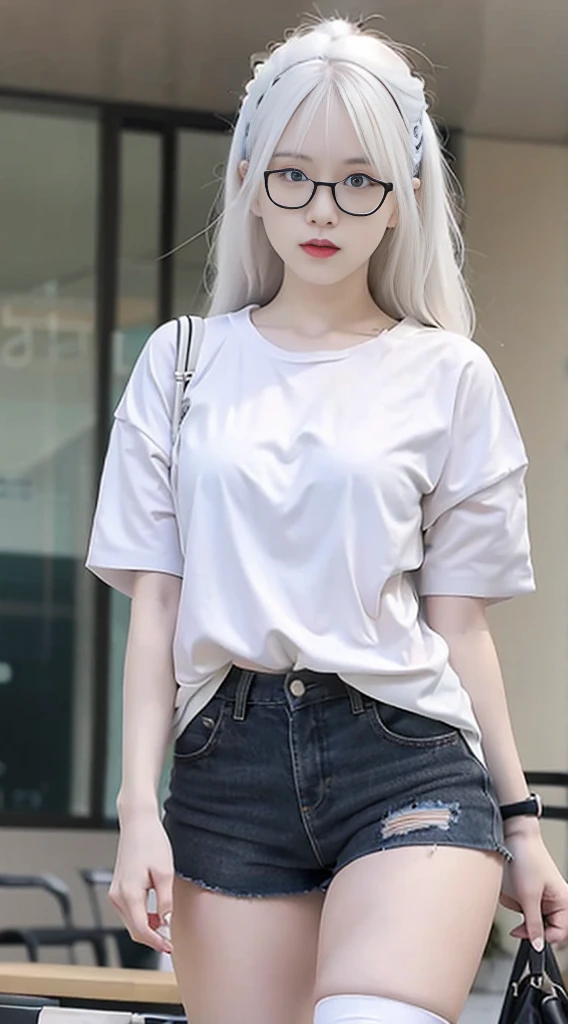 photorealistic, high resolution, 1 girl, white hair, korean, blue eyes, glasses, white shirt, skimpy tight black shorts, thick thighs