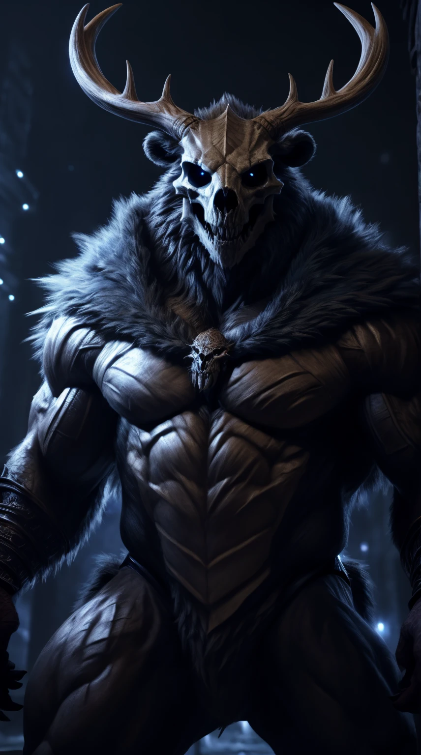muscular monster, fur on body, scales on belly, dragon man, majestic fur mantle, wendigo skull, elk horns, giant, bear body, threatening, stands menacingly, wide body, illustration, (best quality, 4k, highres, masterpiece:1.2), ultra-detailed, realistic, horror, sharp focus, vivid colors, nighttime lighting,