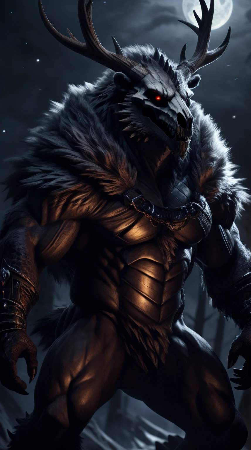 muscular monster, fur on body, scales on belly, dragon man, majestic fur mantle, wendigo skull, elk horns, giant, bear body, threatening, stands menacingly, wide body, illustration, (best quality, 4k, highres, masterpiece:1.2), ultra-detailed, realistic, horror, sharp focus, vivid colors, nighttime lighting,