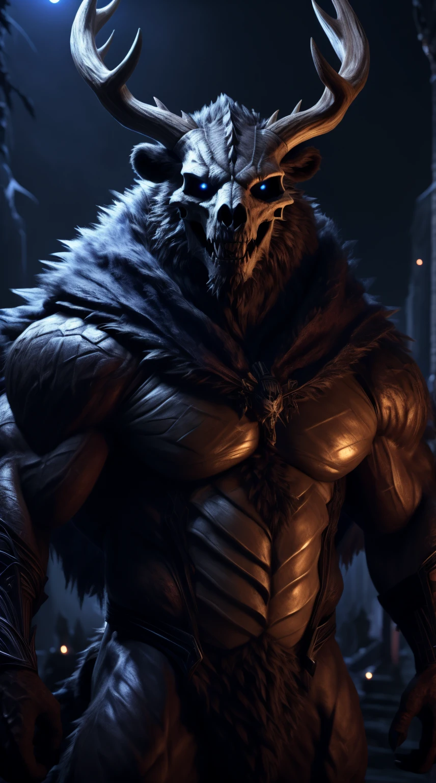 muscular monster, fur on body, scales on belly, dragon man, majestic fur mantle, wendigo skull, elk horns, giant, bear body, threatening, stands menacingly, wide body, illustration, (best quality, 4k, highres, masterpiece:1.2), ultra-detailed, realistic, horror, sharp focus, vivid colors, nighttime lighting,