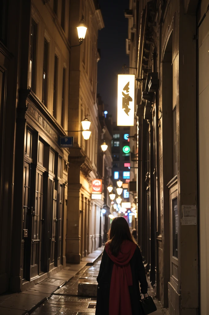 A poorly lit night photo of a woman outside in the city at night