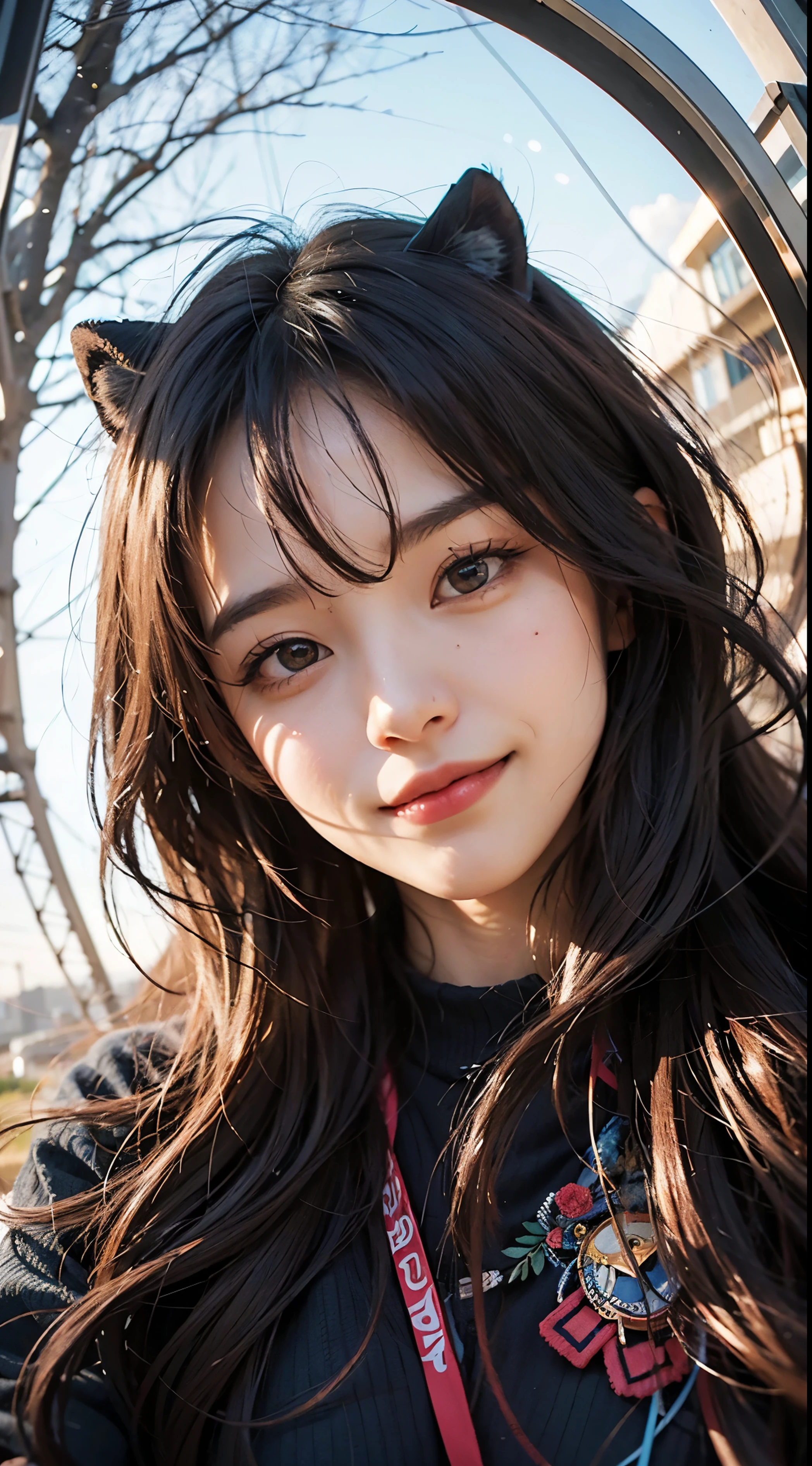 1girl in, ((Fisheye, Selfie)), Wind, hair messy, Sunset, Cityscape, (Aesthetics and atmosphere:1.2),Beautiful woman smiling、8K、An ultra-high picture quality、japanes、1 woman around 20 years old、dark brown hair、Smiling、((白い歯でSmiling))、