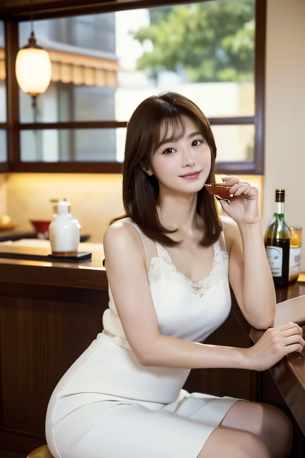 ((top-quality、8K、​masterpiece:1.hot reality(1.4))、Sit at the bar counter、50 year old lounge woman、ligh brown hair、Hair is up、Luxurious white dress、Super delicate facial Japan、Delicat eyes、二重まぶた、lightsmile、Drinking whiskey、A slightly sad look