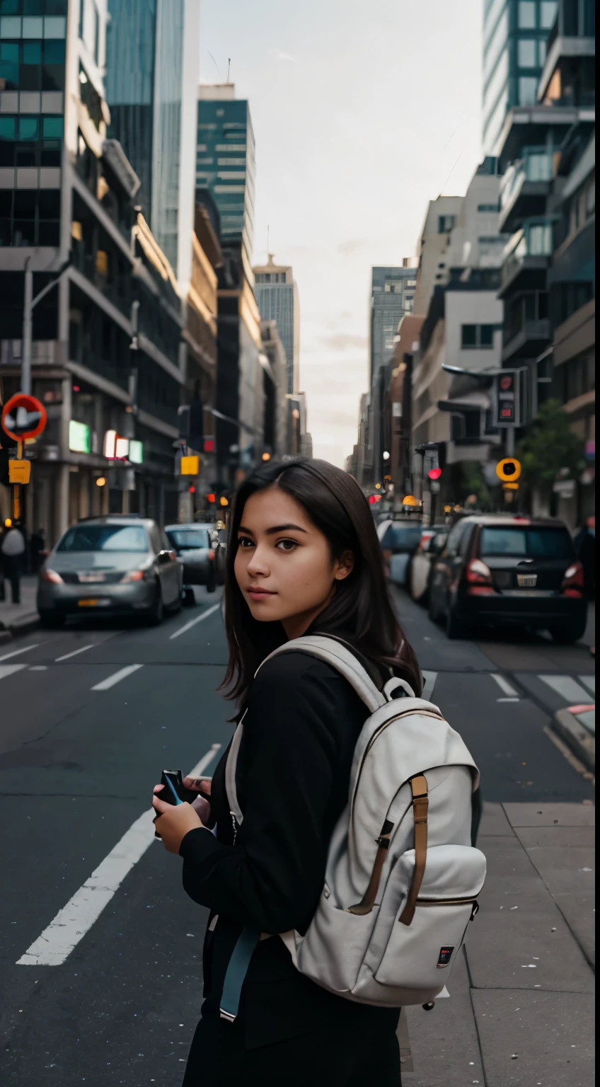 A young woman with a backpack stands at the edge of a bustling cityscape, capturing the urban beauty. Show her with a camera in hand, capturing the dynamic energy of the city streets as she explores