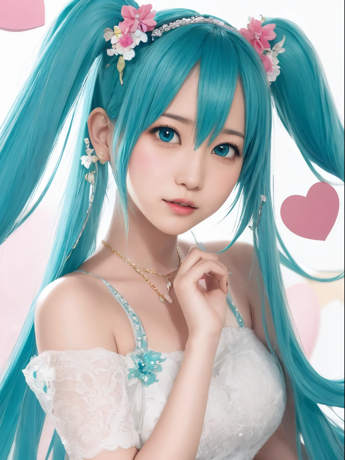 Hatsune Miku, Valentine, inner strength, Love is in the air, Highly detailed, absurd res, image perfect, (flower_Style:0.8)