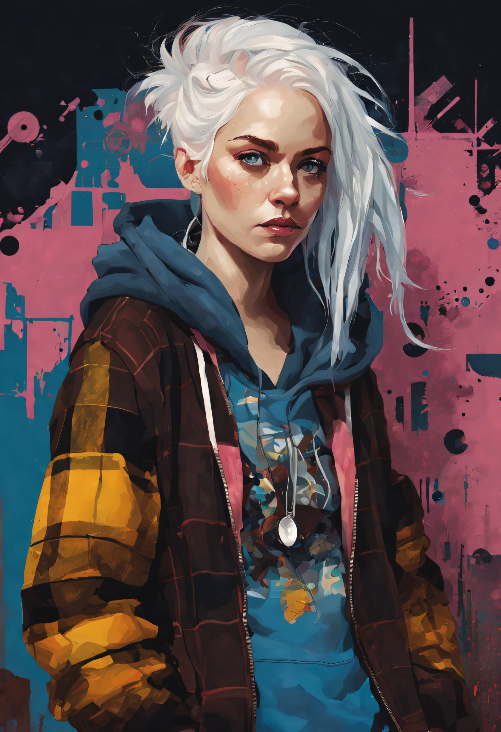 highly detailed portrait of a sewer punk lady student, blue eyes, tartan hoodie, white hair by gustav klimt , art neuveau, atey ghailan, by greg rutkowski, by greg tocchini, by james gilleard, by joe fenton, by kaethe butcher, gradient yellow, black, brown and pink color scheme, grunge graffiti tag wall background
