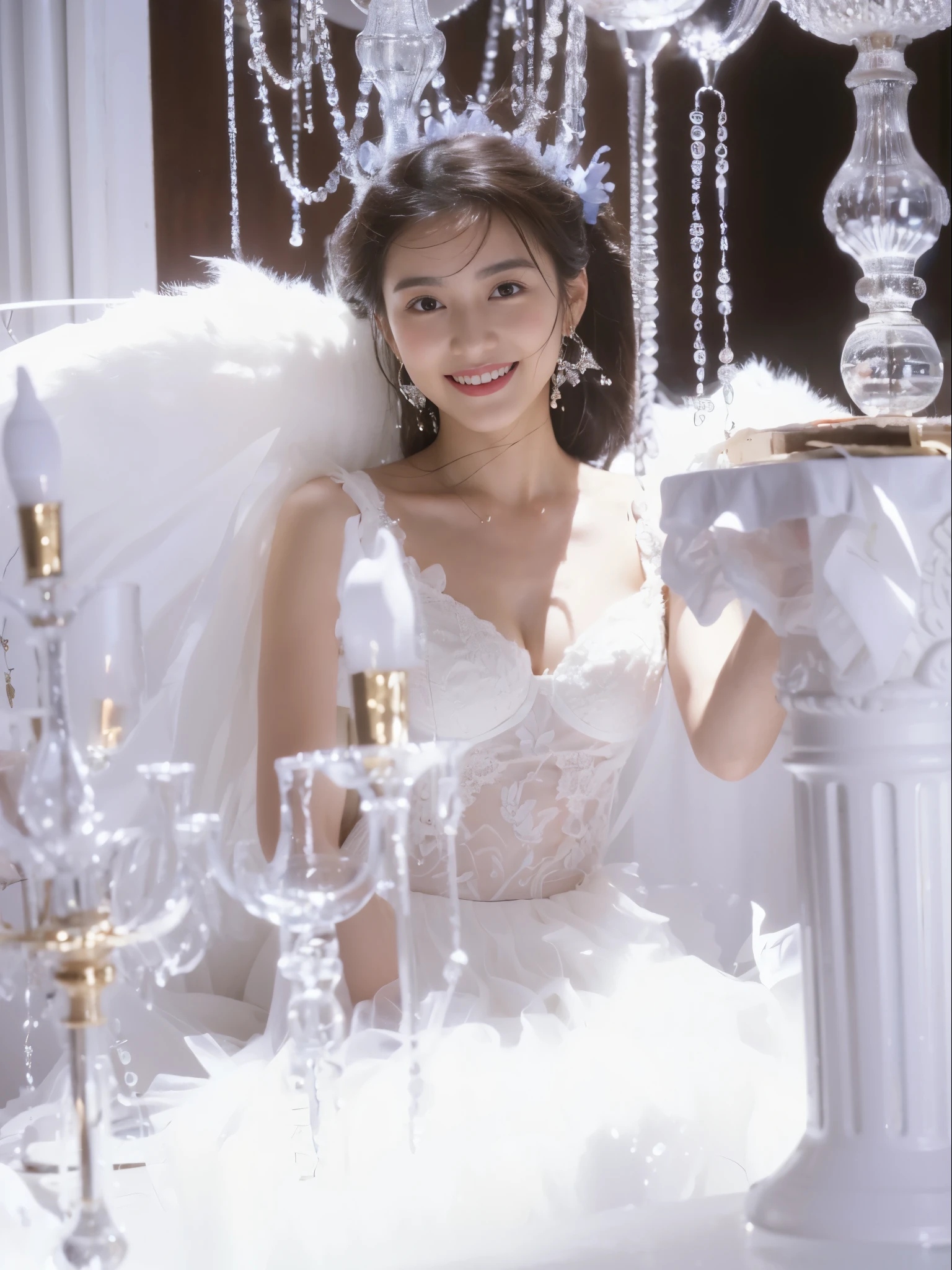 (On a table, Best quality, realistically, ultra - detailed, meticuloso, A high resolution, 8k wallpaper), Close-up portrait of a beautiful woman, Chariada, Smiling, light brown messy hair, Perfect dynamic composition, 美丽meticuloso的眼睛, Just like the cover of a fashion magazine, On campus
