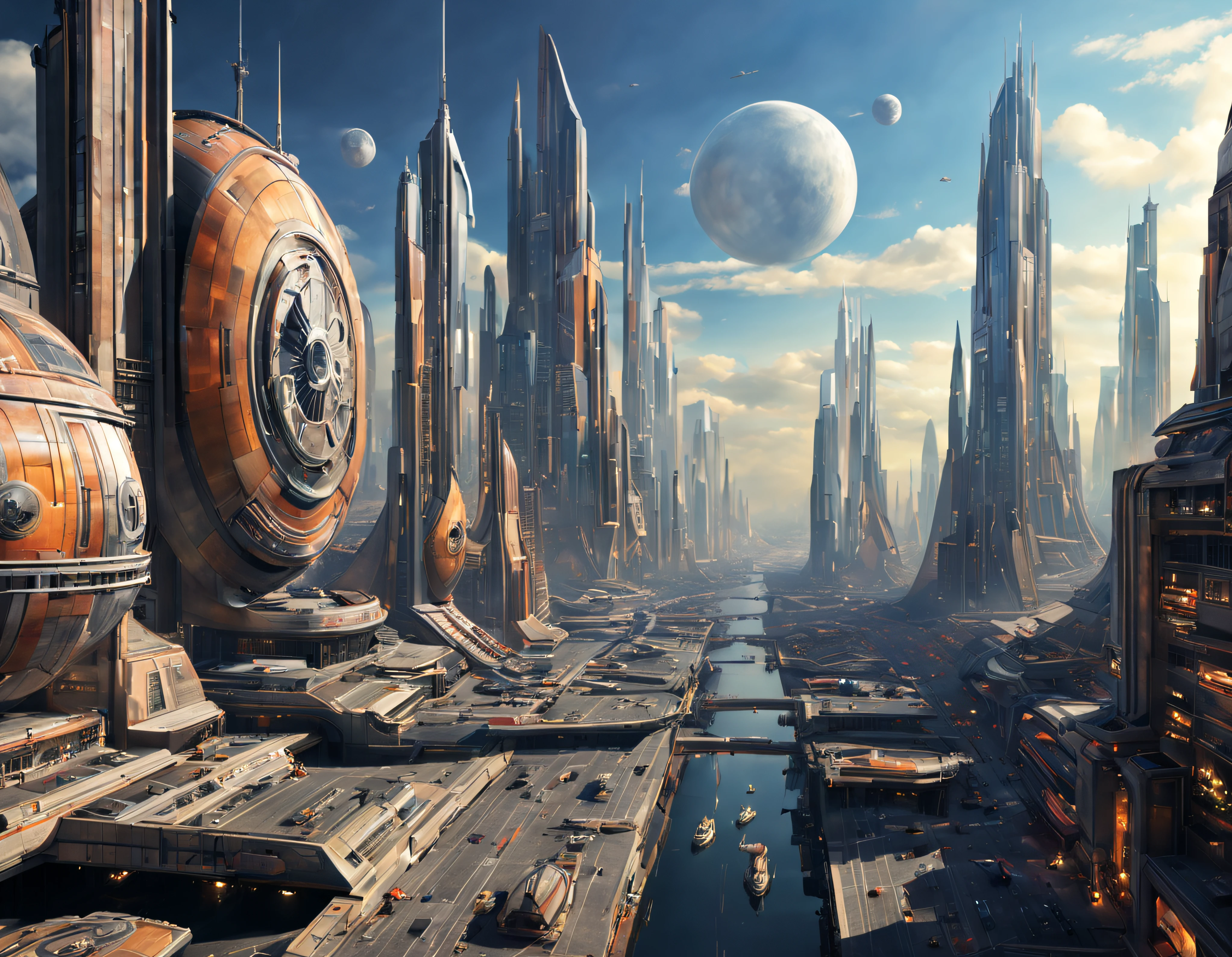 (The city of Coruscant from Star Wars as designed by Doug Chiang), futuristic fantasy city with immense buildings of technological design (que forman una avenida infinita), edificios compactor no difuminados con aspecto metalico, luces en ventanas en edificios, iluminacion diurna con sol, con estructuras acristaladas espectaculares, (con colores vivos). pavimento ensolado (sin brillo). gente paseando. imagen bien definida con muchos edificios juntos. imagen nitida bien definida 8k. los edificios llegan alta el fondo.,8k. imagen cinematografica