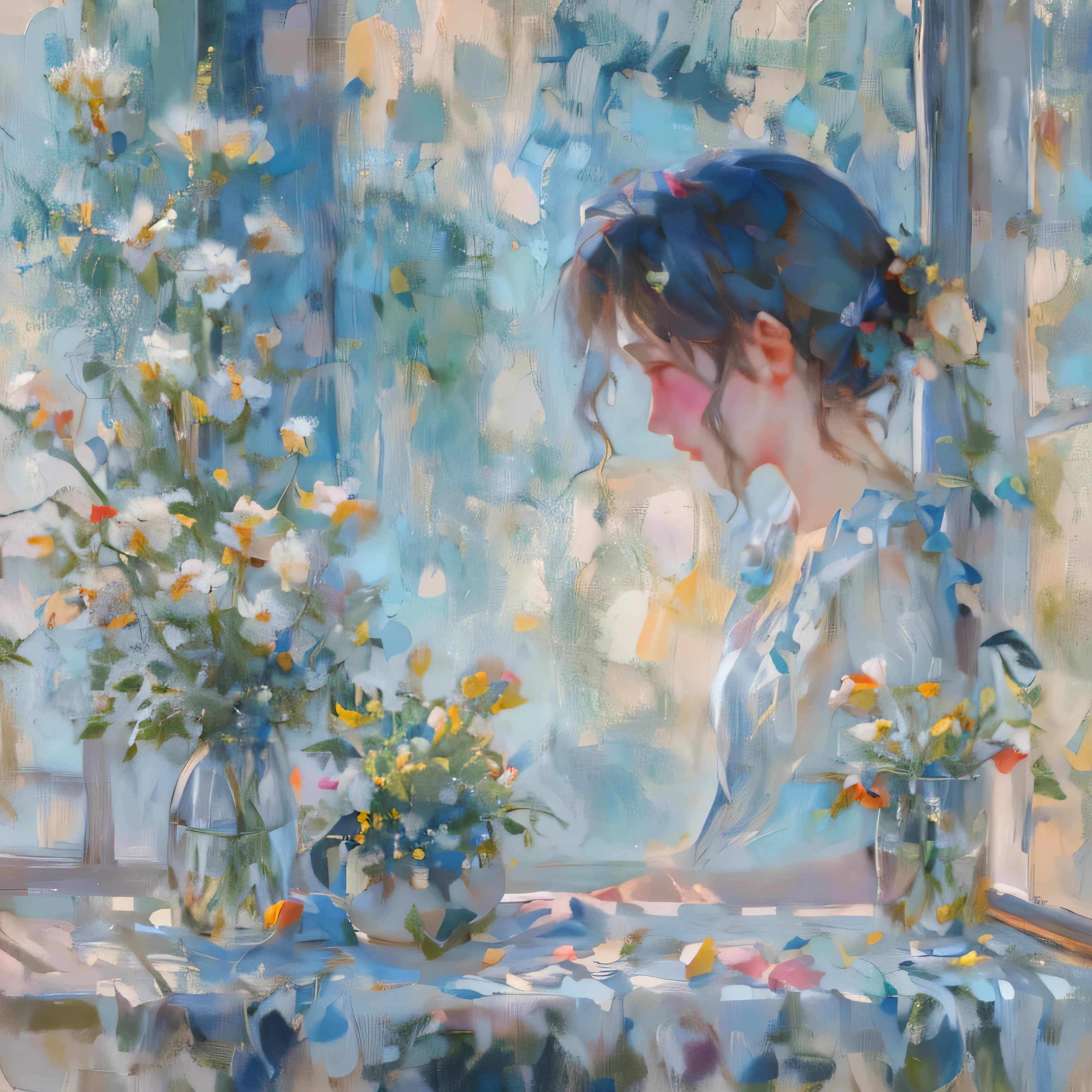 Topic details：The woman in the painting sits quietly by the window，Looking at the scenery outside through the window。The vase next to her is filled with flowers，Add a touch of color to the entire picture。There is a cute Girl on windowsill，Looking out the window。

quickly：A woman stares out the window, Flowers in a vase, Alexei Zaitsev, danile gerhartz, Girl on windowsill, (Best quality at best, 4K, ultra - detailed, actual:1.37), vivd colour, gentlesoftlighting