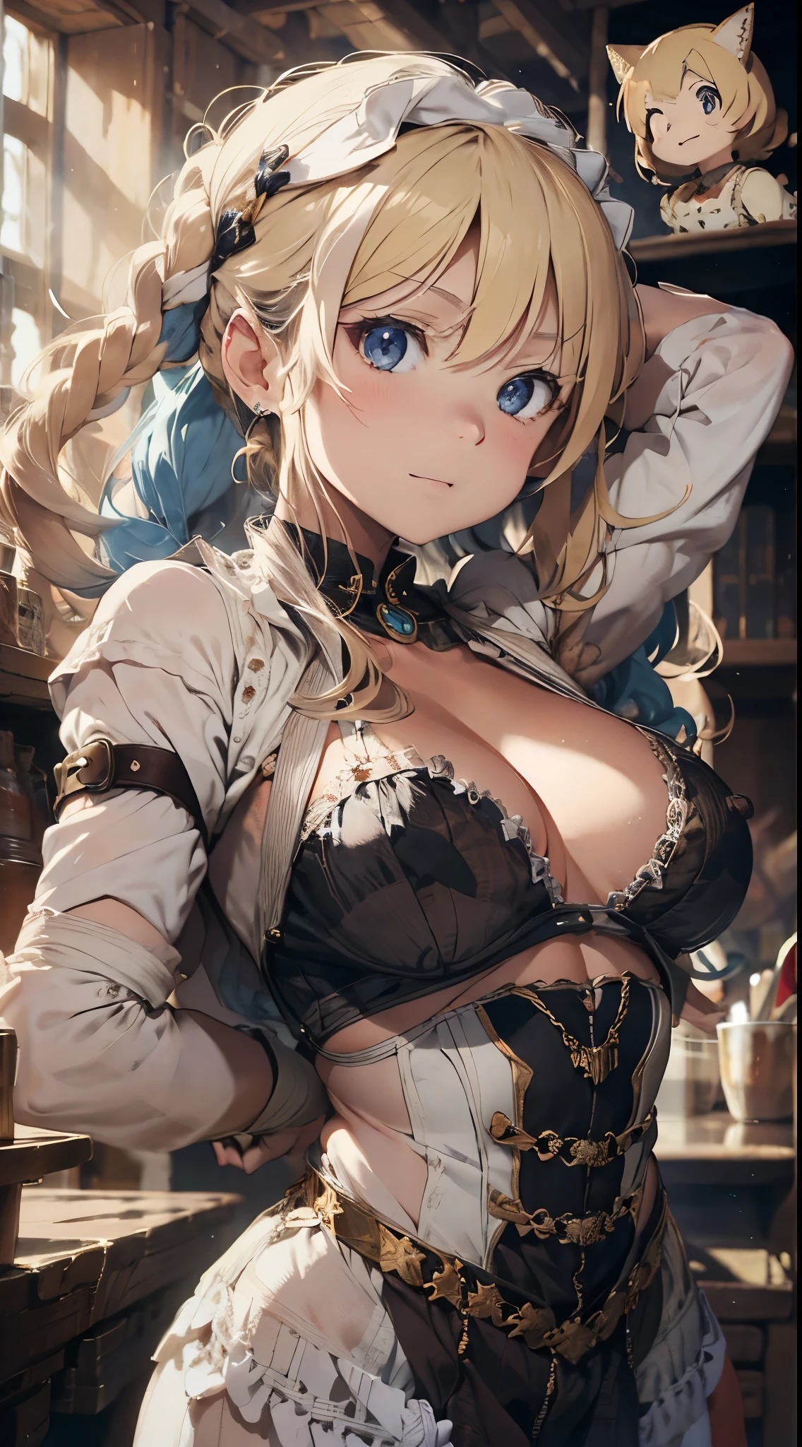RPGroyality, (nsfw:1.2), Waitress working in a medieval tavern、sleevless medieval clothing、Blonde girl、a smile, armpits,