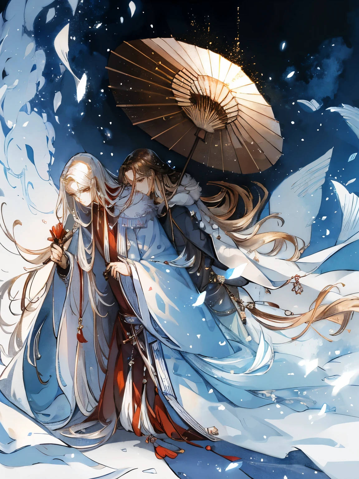 two men standing together,A man wearing a white furry cloak,brunette color hair,long whitr hair,The man looks handsome and handsome,Long narrow eyes,tall nose bridge,Small round face,Another man wearing brown clothes,He is holding a red umbrella,handsome face,Tall and mighty,brunette color hair,short detailed hair,Background with:snowfield,drifting snow。Beautiful and dreamy composition of two people,High quality antique illustrations