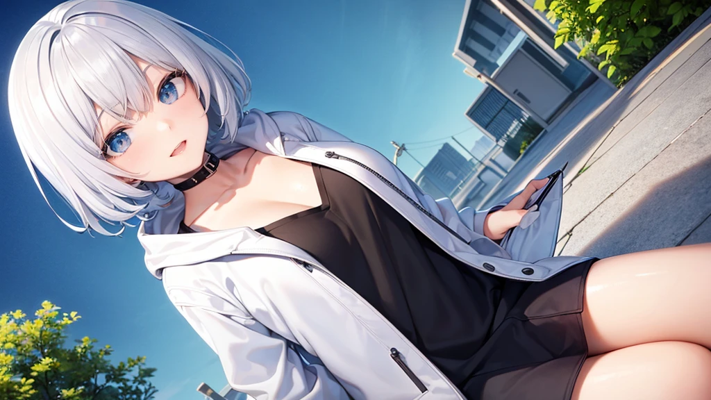 Ultra-high image quality,Look at viewers, hands behind back, girl with, 20 years old, Very short hair, long bangs between eyes, blue eyess,Black eyes, Hoodie, Skirt , Extremely detailed,(masterpiece、top-quality),White hair、A smile、Fantastical, Silver hair,, Hoodie, White hoodie,a black skirt,Hair is short,White jacket, Casual style,Open jacket, , look down from above、open open mouth、5 fingers、sit a chair、Dining at the café、eating cakes、collarbone visible