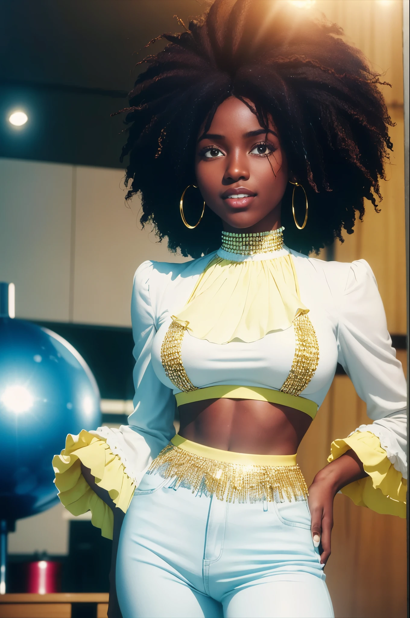 1 young female ,  smile, dark skin tone, afro hair,  a pair of sparkly bell-bottoms, a white blouse,   yellow and cyan tone, 1970s,   huge ear ring, Bell-bottoms, flares,   Disco Mirror Ball,
analog style (35mmstyle:1.1),  masterpiece, , cinematic lighting, (photorealistic:1.3),  (film grain), film noise, kodak proimage 100, depth of field , bokeh