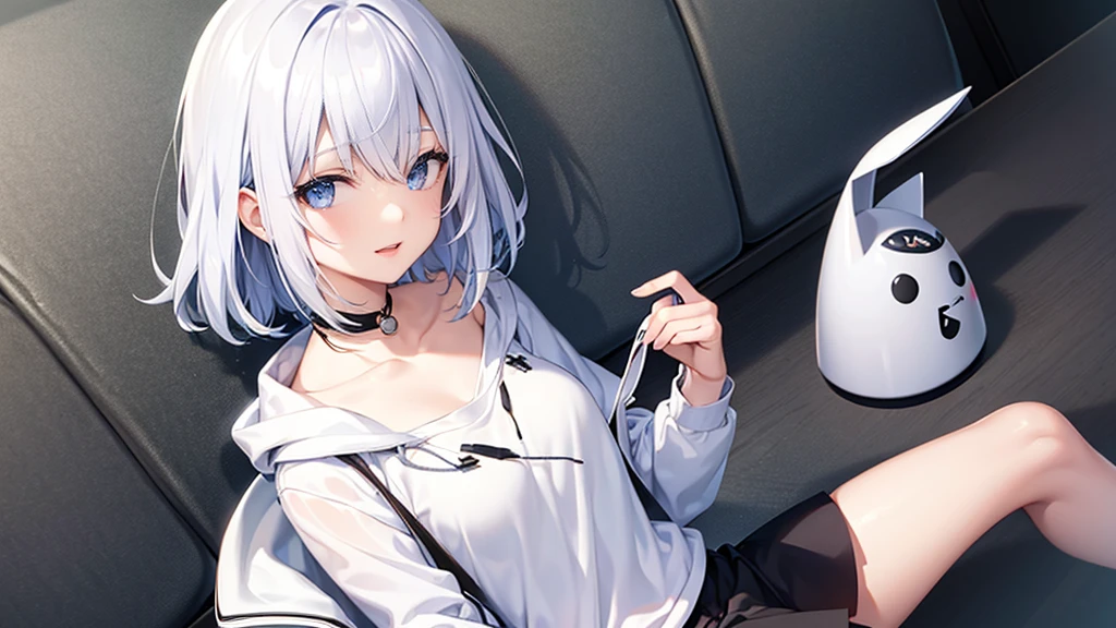 Ultra-high image quality,Look at viewers, hands behind back, girl with, 20 years old, Very short hair, long bangs between eyes, blue eyess,Black eyes, Hoodie, Skirt , Extremely detailed,(​masterpiece、top-quality),White hair、A smile、Fantastical, Silver hair,,  Hoodie, White hoodie,a black skirt,Hair is short,White jacket, Casual style,Open jacket, , look down from above、open open mouth、5 fingers、sit a chair、Dining at the café、eating cakes、collarbone visible