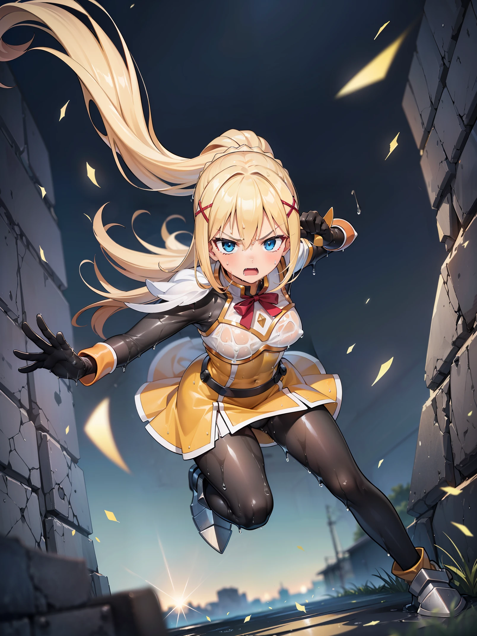 (in 8K, Raw photography, Best Quality, masutepiece: 1.2), high-definition RAW color photography, Professional Photography, Cinematic Light, (animesque: 1.2), a blond, ((ksdarkness, ponytail, x hair ornament, armor, shoulder armor, bodysuit, black gloves, Yellow dress, Black long skirt)), (Sharp face), (Detailed facial expressions), slenderbody, (FULL BODYSHOT:1.2), (High Detail Skin: 1.2), Angry, (Wet:1.5), Pounce pose, low angles:1.9, (Underground Dungeon:1.2), Highly detailed facial and skin texture, A detailed eye, Spread your arms, Jump big, Composition from below, tre anatomically correct, The artwork, Highly detailed, masutepiece, High quality, hight resolution, Professional Lighting,