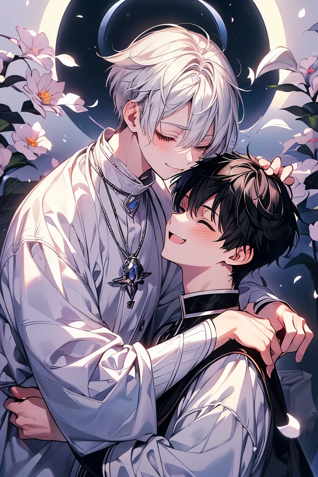 (masutepiece), (Best Quality), Highly detailed, Two boys, focus,Perfect face, Beautiful face, extra detailed face,(black-haired boy and white-haired boy:1.3),(happily face:1.4),(close your eyes and laugh:1.3),(white clothes:1.4),(moonlight:1.3),Petals flutter