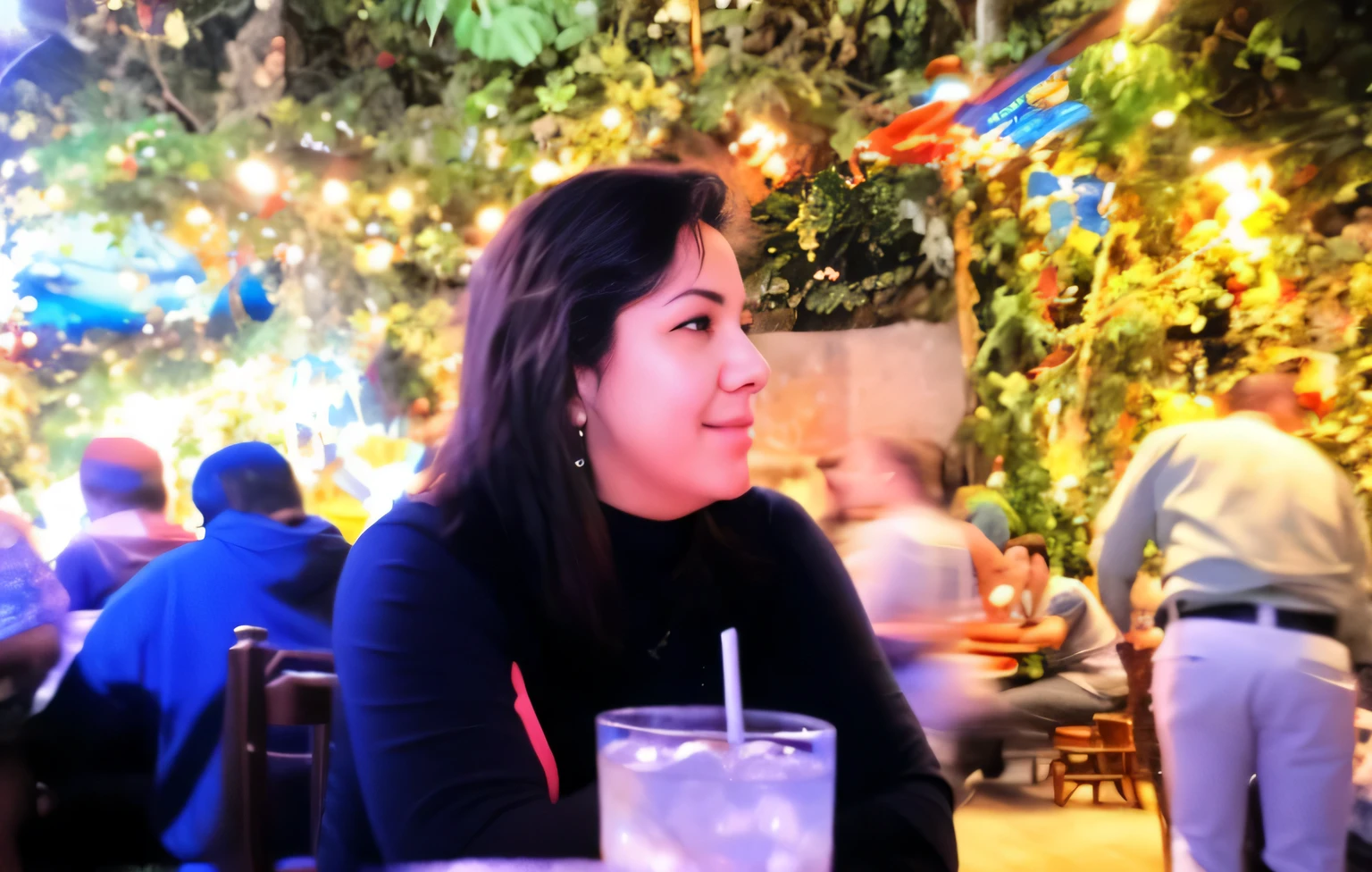 There is a woman sitting at a table with a drink in front of her, sentado em um bar, Sentado sem bar, taken in the late 2010s, Em um bar Tiki, Absorto em pensamentos, taken in the early 2020s, tiradas no final dos anos 2000, non blurry, ligeiramente desfocado, candid shot