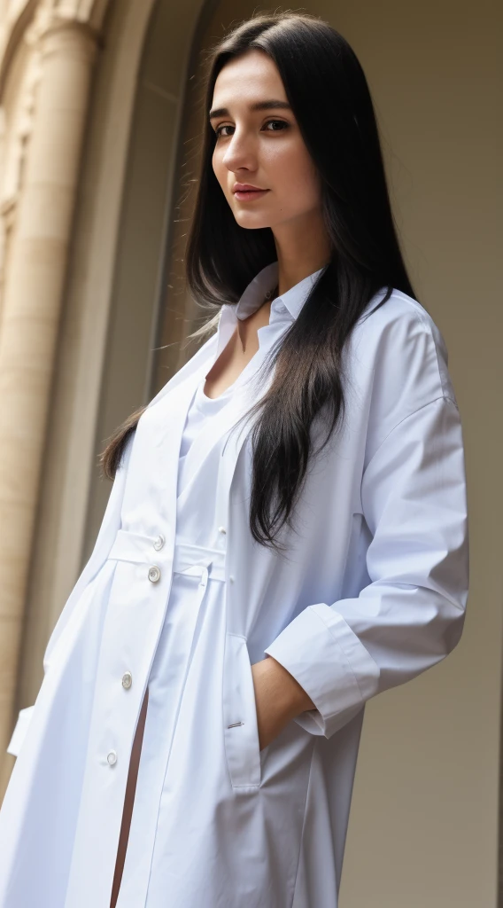 arafed woman with long hair and a white shirt and a black coat, woman in a dark factory, karolina cummings-christina kritkou merged, entire body visible, full body, hyperrealistic, real human skin, best quality, 8K, masterpiece, extremely intricate, detailed eyes, detailed face, detailed body, exaggerated features, pronounced features, fujifilm