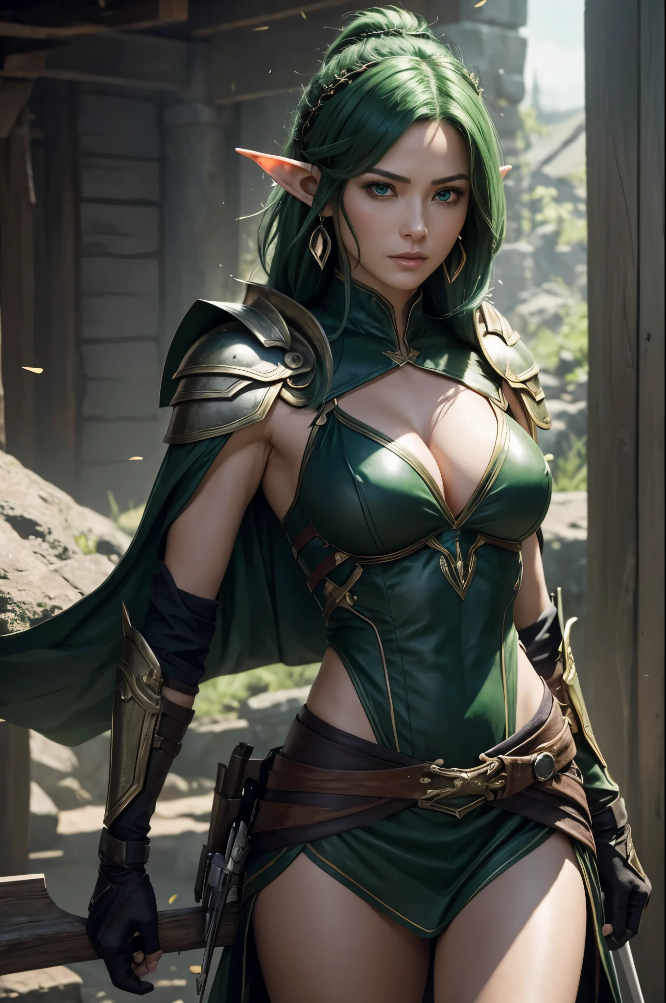 8K,Elven hunters,(masutepiece, Best Quality) Lelianada, mature woman in her 30s, Solo,Super beauty(Like the real thing) large full breasts リアルな肌,Looking at Viewer, Short hair, green mohawk hair, cleavage, Jewelry,  large full breasts,Upper body, whole body,arma,earrings,armor,Hair over one eye,Green eyes,long elf ears,shoulder armor,Realistic,arrow\(projectile\), Shoulder pads, arrow筒を背負う.超A high resolution,Masterpiece,A hyper-realistic,Fantasyart,curacter art,cinestill 800,alluring glance,A sexy,a closeup,combat scene,action scene,actionpose,Rugged look,Glaring at the viewer,A sexyな衣装,Slender and muscular body,Split abs,long thin muscular legs,