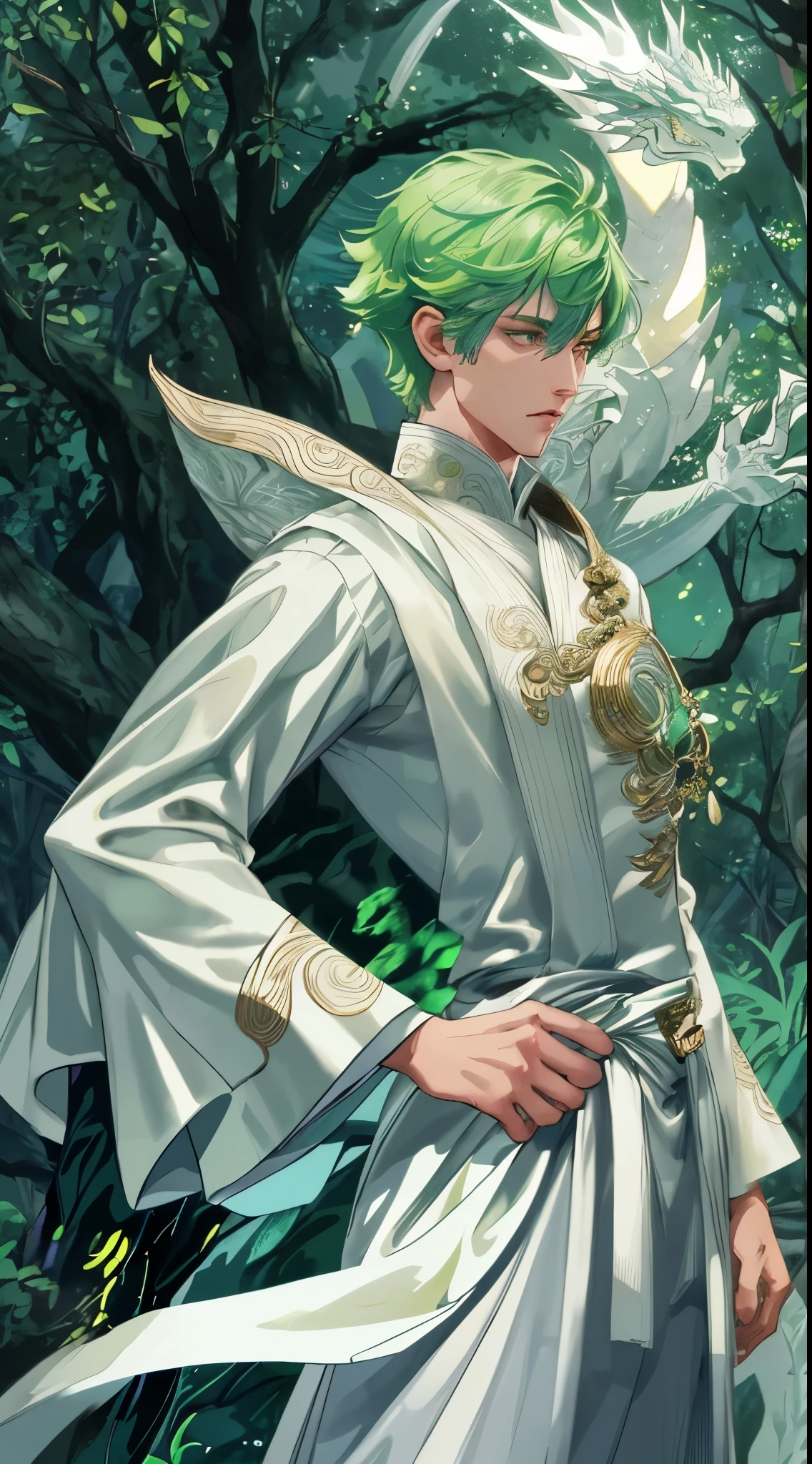 A scene on the edge of the forest on a moonlit night. A character with short green hair and white clothes stands among the trees facing the viewer. This character holds an exotic dragon that coils around his arms and seems to be an extension of himself, The soft moonlight highlights these characters, creating a mysterious silhouette,  BREAK, glowing light, ultra resolution,best quality, expressive eyes, perfect face, detailed body, detailed clothes, detailed Shirt, detailed hand, detail arms, detailed fingers, detailed color, detailed anatomy, detailed promp