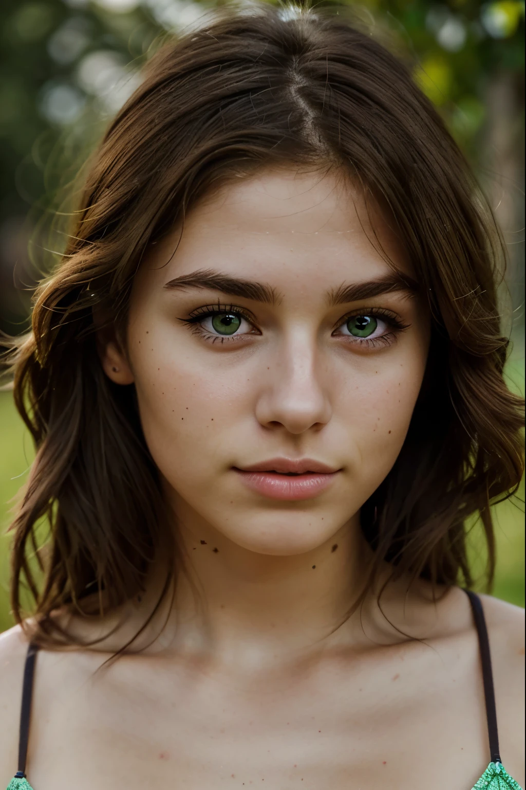 Create a high resolution photo of a 21 year old American girl with brown hair, Charming green eyes, Defining dark eyebrows, Naturally lit to highlight its distinctive features