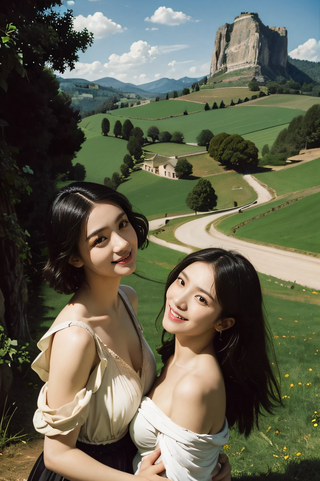 Ancient Roman landscape in the style of Poussin,A smile,,Sweet and seductive appearance.、Caravaggio's paintings、Chiaroscuro of Caravaggio、Hair disheveled in the wind,Two women frolicking,Cute smile, Expression of ecstasy,A sexy,erotick