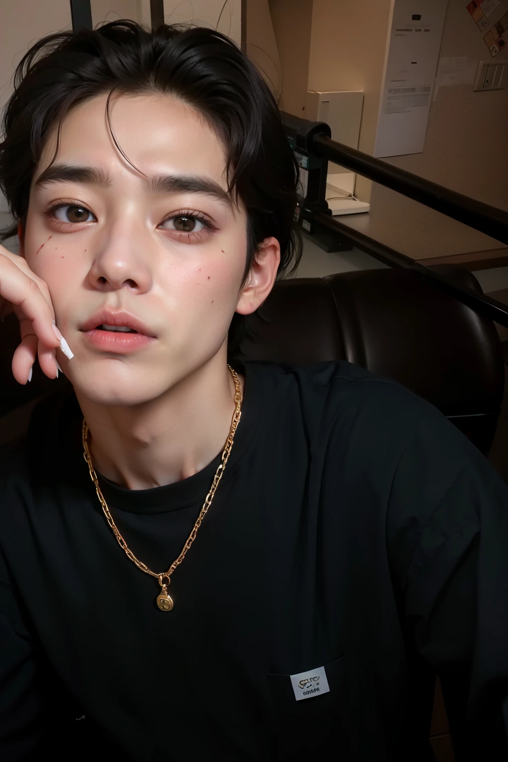 taehyung from bts com uma camisa preta e uma corrente de ouro, 1 7 - ano - rosto magro, wan adorable korean face, Kim Doyoung, Taehyung comendo batatas fritas Gucci, Cai Xukun, Wonbin Lee, inspirado em Bian Shoumin, Sul Coreano Masculino, tommy 1 6 anos de idade, ele tem cerca de 20 anos