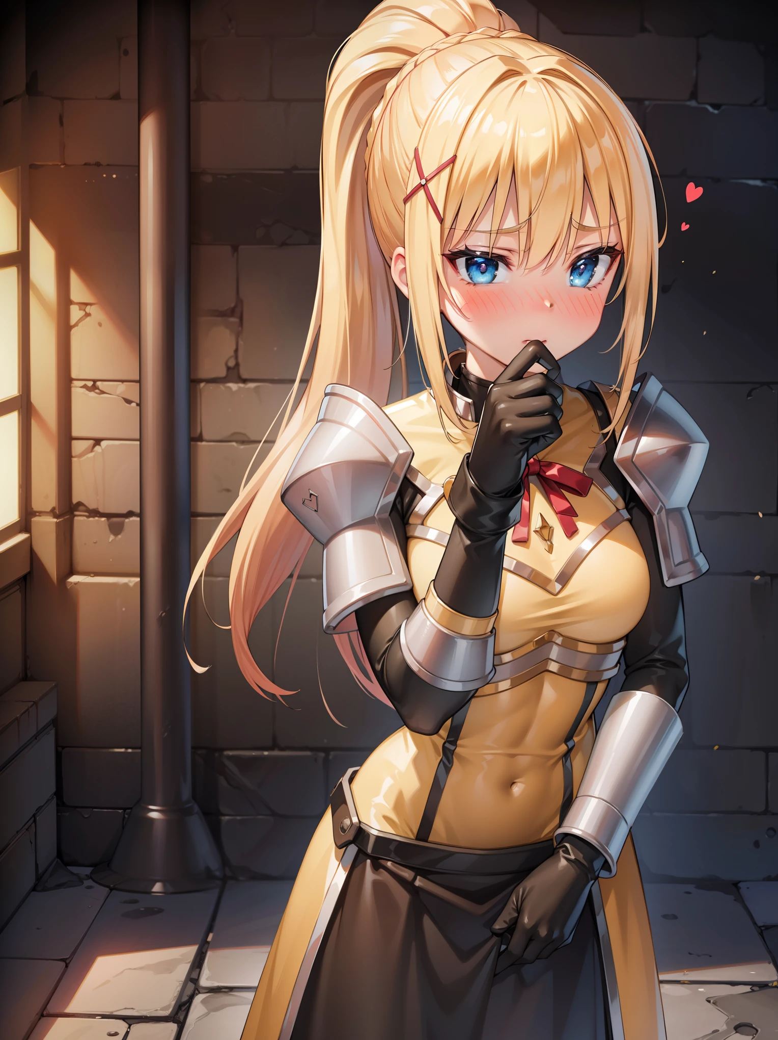 (in 8K, Raw photography, Best Quality, masutepiece: 1.2), high-definition RAW color photography, Professional Photography, Cinematic Light, (animesque: 1.2), a blond, ((ksdarkness, ponytail, x hair ornament, armor, shoulder armor, bodysuit, black gloves, Yellow dress, Black long skirt)), (Sharp face), (Detailed facial expressions), slenderbody, (up of face:1.2), (High Detail Skin: 1.2), Blushing face, (full-face blush:1.5), Kamimei, (Underground Dungeon:1.2), Highly detailed facial and skin texture, A detailed eye, Upper body close-up, Heart pupil, Shut your mouth，tre anatomically correct, The artwork, Highly detailed, masutepiece, High quality, hight resolution, Professional Lighting,