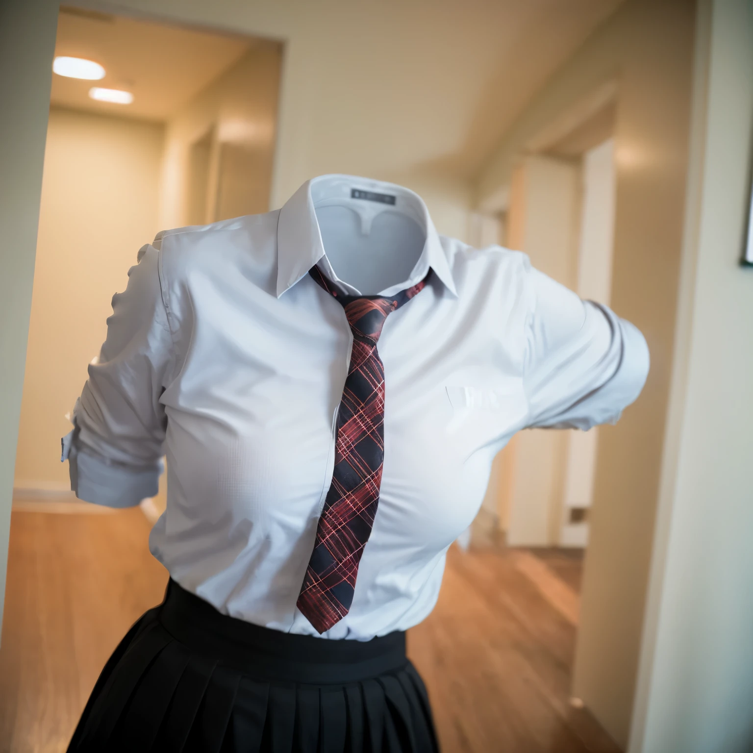 chubby, fat, school stripe tie, school tie, school uniform, plaid skirt, cute pose, lower body, (invisible, no humans, headless, faceless:1.5), (close-up to breasts), cute big breasts, (8k, RAW photo, best quality, masterpiece, high resolution, extremely detailed CG:1.2), (realistic, photo-realistic:1.37), photon mapping, radiosity, ((Hasselblad photography)), physically-based rendering
